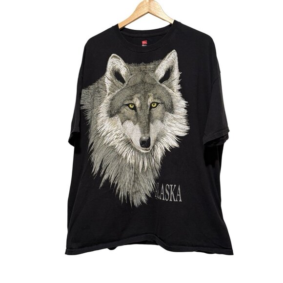 VINTAGE Alaska Wolf Shirt Adult Size 2X Black Graphic Nature Tee Mens T-shirt - Picture 2 of 6